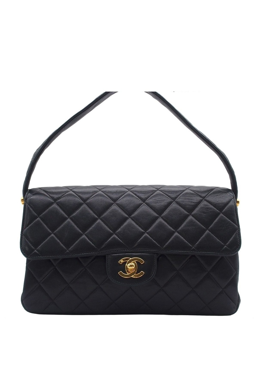Chanel Handbag Face Quilted CC Logo Black Gold Lambskin